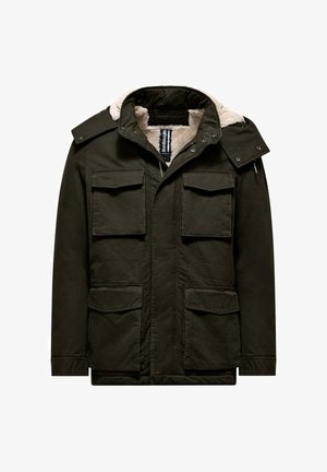 Dark green parka jacket with a faux fur-lined collar, multiple front pockets, and a zip closure. Features a hood and durable fabric.