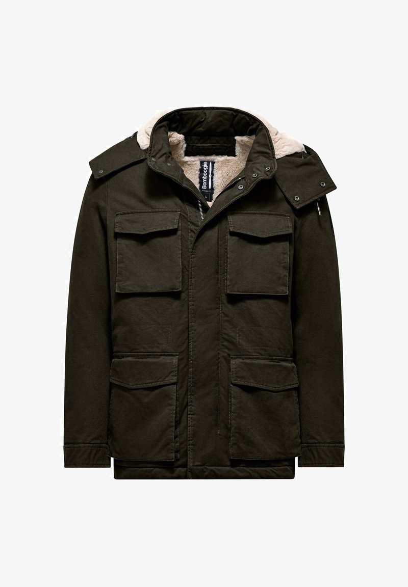 Dark green parka jacket with a faux fur-lined collar, multiple front pockets, and a zip closure. Features a hood and durable fabric.
