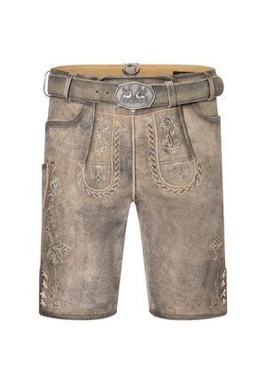 Leather shorts in light brown with decorative embroidery on pockets. Features a silver buckle and lacing accents on the sides.