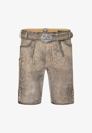 Lederhosen in hellbraun mit dekorativer Stickerei auf den Taschen. Verfügt über eine silberne Schnalle und Schnürakzente an den Seiten.