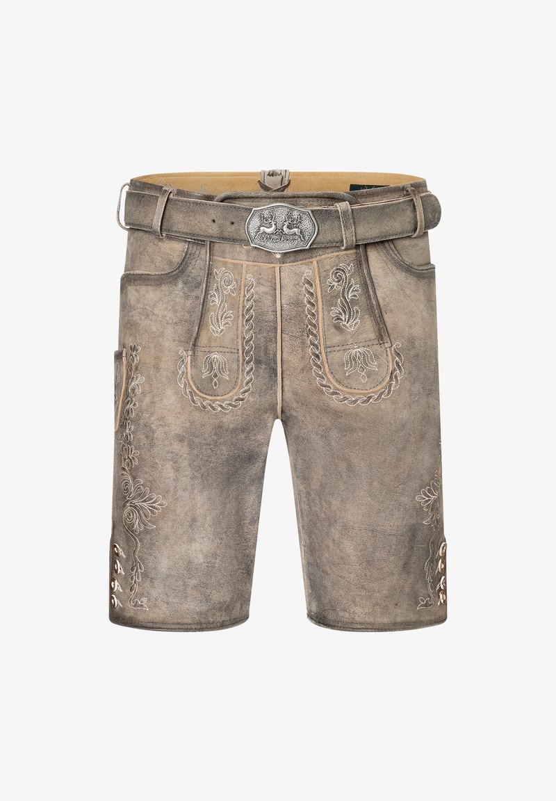 Lederhosen in hellbraun mit dekorativer Stickerei auf den Taschen. Verfügt über eine silberne Schnalle und Schnürakzente an den Seiten.