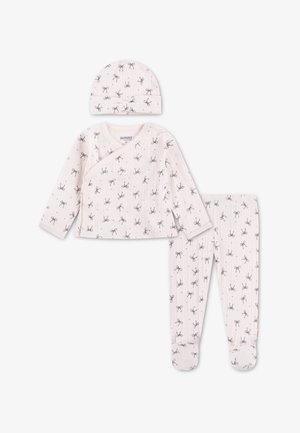 Baltas medvilninis kūdikių drabužis su šviesiai rožiniu fonu, papuoštas pilkais lankelių raštais, susideda iš ilgomis rankovėmis apsiausto viršutinės dalies, kelnių ir derančios kepuraitės.