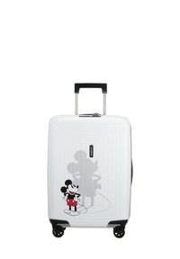White suitcase with ridged texture, featuring a colorful Mickey Mouse design. Four black wheels and an extendable handle.
