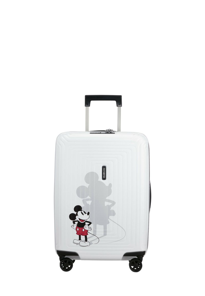 White suitcase with ridged texture, featuring a colorful Mickey Mouse design. Four black wheels and an extendable handle.