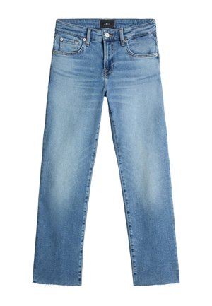 Jeans in denim blu chiaro con design a gamba dritta, dotati di vita media, cinque tasche e orlo grezzo.