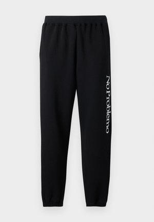 Black sweatpants with an elastic waistband, tapered ankles, and white "No Problemo" text printed on the left leg. Soft cotton material.