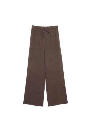 Pantaloni marroni a gamba larga con vita elastica e coulisse, realizzati in tessuto morbido e testurizzato, mostrati su sfondo bianco.