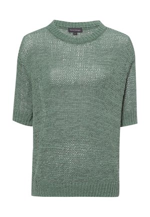 Gebreide trui met korte mouwen in gedempt groen. Kenmerkt zich door een ronde halslijn, open geweven textuur en een ribgebreide zoom. Lichtgewicht en ademend ontwerp.