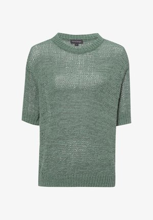 Pull en maille à manches courtes de couleur vert atténué. Il présente un col rond, une texture à mailles ouvertes et un ourlet côtelé. Conception légère et respirante.