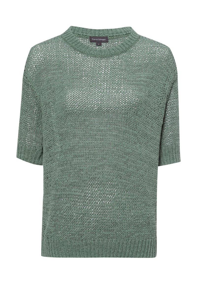 Kurzes Strickoberteil mit kurzen Ärmeln in sanftem Grün. Verfügt über einen runden Kragen, offene Webstruktur und gerippten Saum. Leicht und atmungsaktiv.