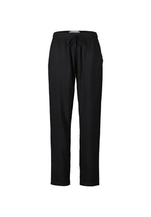 Pantaloni neri, leggeri, realizzati in tessuto morbido con cintura regolabile in vita e design a gamba affusolata. Senza motivi visibili o dettagli in metallo.