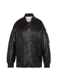 Veste bomber en cuir noir avec fermeture éclair à l'avant, poignets et ourlet côtelés, poches latérales et poche à manches zippée avec une finition texturée.