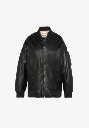 Veste bomber en cuir noir avec fermeture éclair à l'avant, poignets et ourlet côtelés, poches latérales et poche à manches zippée avec une finition texturée.