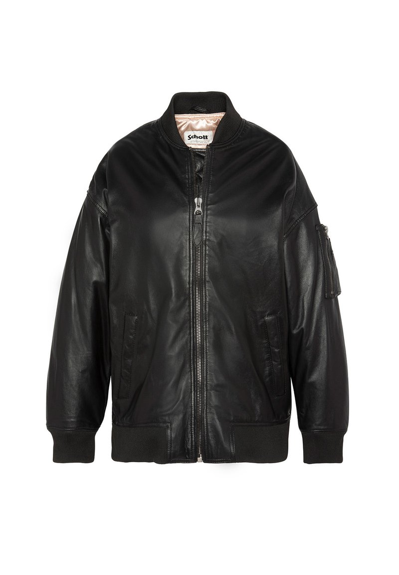 Veste bomber en cuir noir avec fermeture éclair à l'avant, poignets et ourlet côtelés, poches latérales et poche à manches zippée avec une finition texturée.