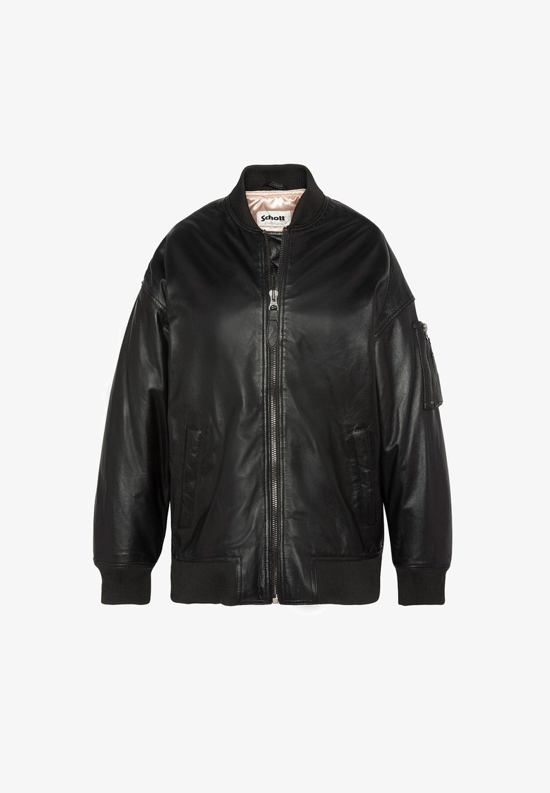 Veste bomber en cuir noir avec fermeture éclair à l'avant, poignets et ourlet côtelés, poches latérales et poche à manches zippée avec une finition texturée.
