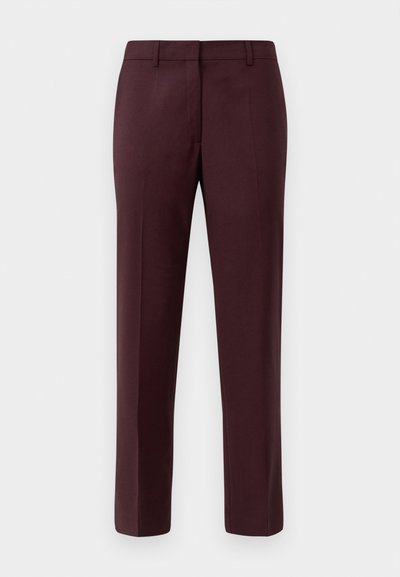 Burgundin väriset räätälöidyt housut, jotka on valmistettu sileästä kankaasta. Niissä on tasainen etuosa, slim fit -leikkaus eikä näkyviä taskuja tai koristeluja.