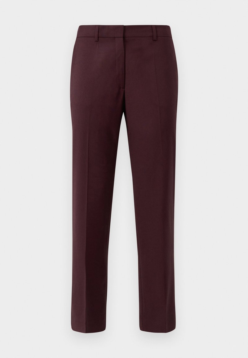 Bordeaux op maat gemaakte broek van gladde stof. Heeft een platte voorkant, slim fit en geen zichtbare zakken of versieringen.