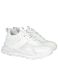 Zapatillas deportivas blancas que combinan cuero sintético liso y malla. Acentuadas con motas rosas en la suela. Cierre con cordones.