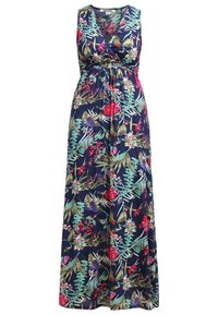 Robe maxi bleu marine sans manches avec un décolleté en V et un motif floral tropical coloré en rouge, vert, violet et blanc.