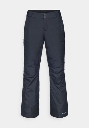 Navy blue insulated ski pants with a straight-leg design. Features a zipper and snap closure, pockets, and reinforced cuffs.