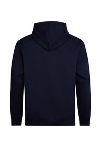 Hoodie blu navy con una texture morbida, tasca a marsupio e cappuccio regolabile con cordino. Presenta polsini e orlo a coste, design semplice.