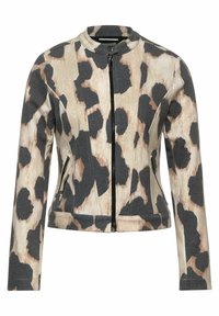 Leopardmönstrad jacka med dragkedja, ståkrage, långa ärmar, sidofickor och en blandning av beige och gr å färger.