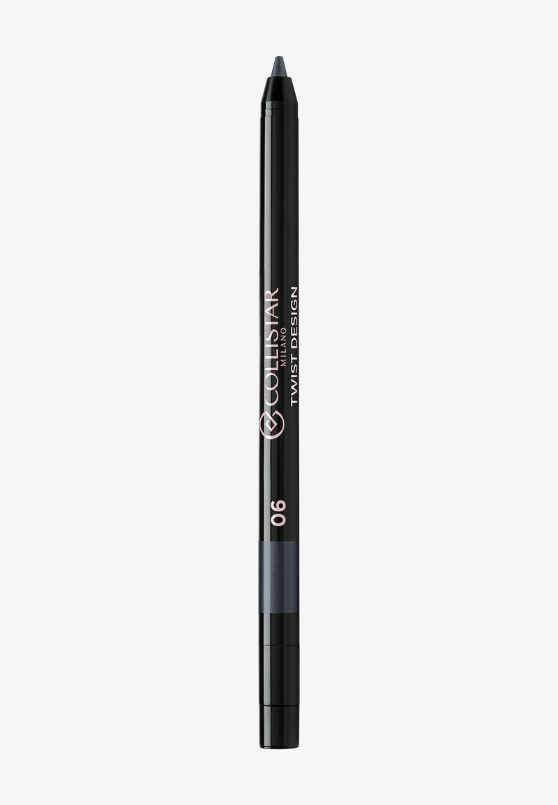 Crayon rétractable noir avec partie inférieure grise, marqué "06" et "COLLISTAR TWIST DESIGN." Forme lisse et cylindrique pour une prise en main facile.