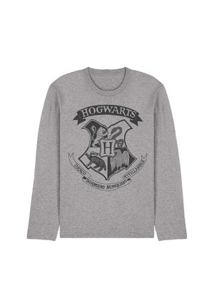 Gray long-sleeve shirt with black Hogwarts crest, showing a lion, snake, badger, and eagle and the motto “Draco Dormiens Nunquam Titillandus.”