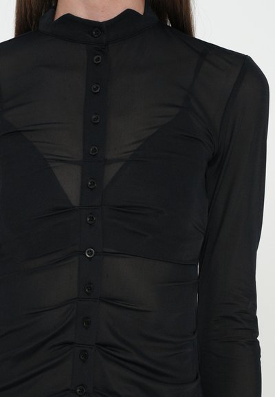 Black sheer button-up shirt with a high collar, featuring a ruched design, long sleeves, and small buttons down the front.