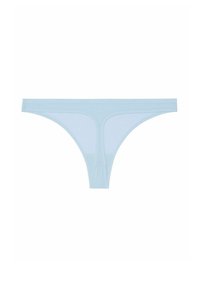 Jasnoniebieski przezroczysty thong z minimalistycznym wzornictwem, miękkimi brzegami i elastycznym paskiem w talii zapewniającym komfort. Brak widocznych wzorów lub akcentów.