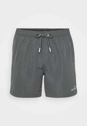 Pelēki peldkostīmi ar elastīgu jostasvietu un aukliņu, ar baltu logo tekstu apakšējā labajā stūrī. Gluda tekstūra un garums līdz ceļiem.