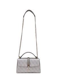 Borsa a tracolla grigia con motivo, dalla forma strutturata, dotata di una cinghia a catena e di un manico superiore. Accenti in metallo dorato e dettaglio con chiusura frontale.