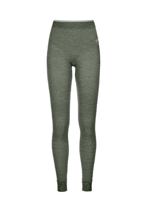 Olive green seamless wool thermal leggings with tapered ankles and a small white logo near the waistband on a white background.