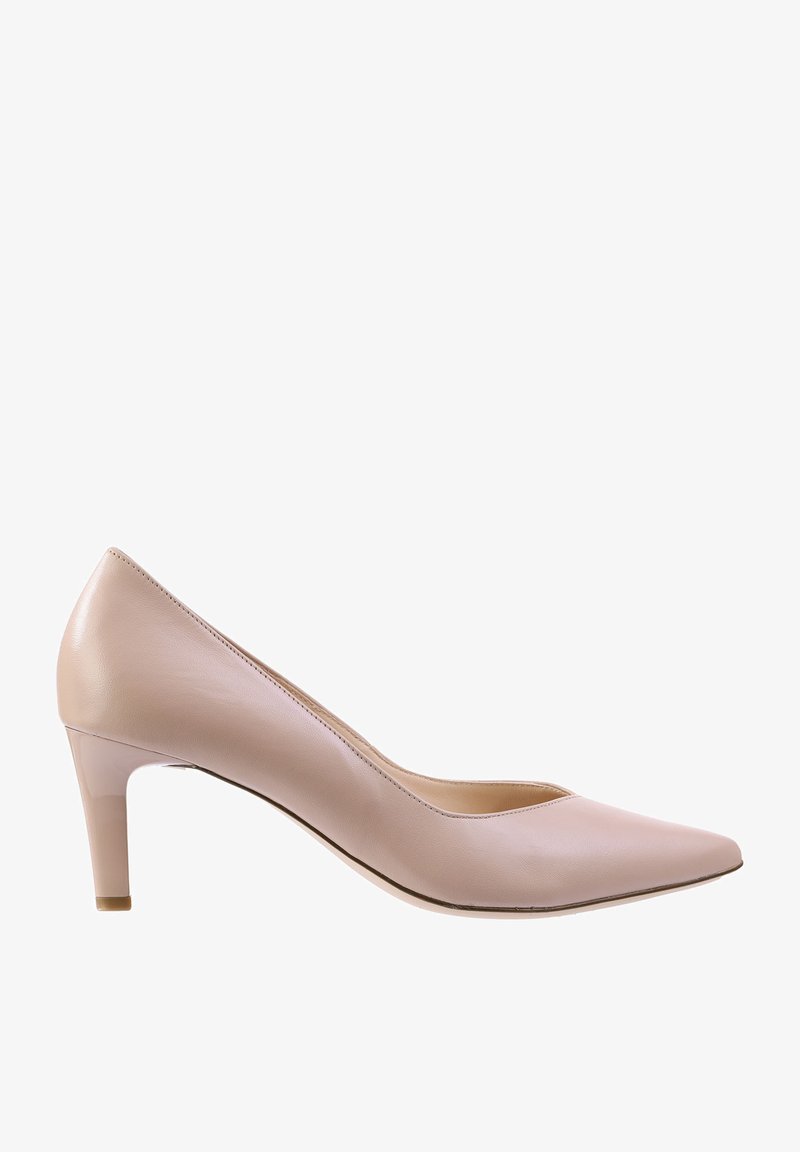 Beige leather pump with a pointed toe, low block heel, and smooth texture. Features a clean, simple design without embellishments.