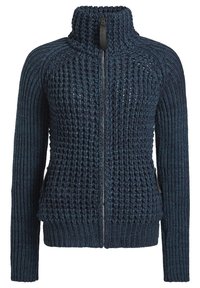 Tmavě modrý pletený svetr na zip s vysokým límcem, texturovaným předním panelem a žebrovanými rukávy a lemem.
