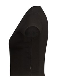 Black ribbed short-sleeve top with a fitted design. Features a round neckline and seamless sleeves. Material appears stretchy and smooth.