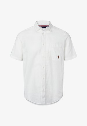 Bela kratka srajca iz lana z gumbom spredaj, prsno žepom in manjšim logotipom na žepu.