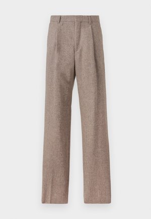 Brown, high-waisted trousers made of textured fabric. Features wide legs and two front pleats for structure. Neat finish with no visible hardware.