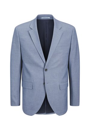 Ljusblå blazer i texturerad tyg, enfärgad design, med märkbar krage, två framfickor och marinblå foder.