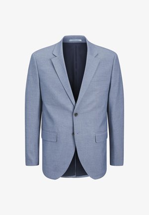Blazer bleu deschis dintr-un material texturat, cu un design cu un singur nasture, guler șanfrenat, două buzunare frontale și o căptușeală interioară bleumarin.