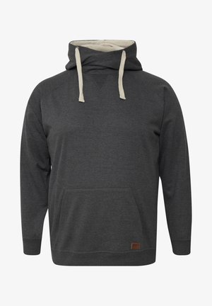 Tumši pelēks sporta krekls ar kapuci, ar krēms krāsas iekšējo odere, kengura kabatu un mazu brūnu logotipa uzlīmi apakšmalā.