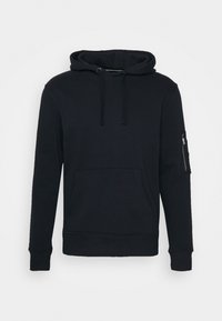 Námořnická modrá mikina s kapucí vyrobená z bavlny, s přední kapsou ve stylu klokanka, nastavitelnou kapucí se šňůrkou a kapsou na zip na rukávu.