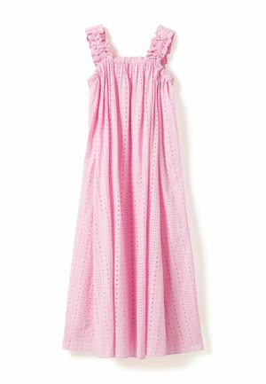 Rožinės spalvos suknelė be rankovių su raukšlėtomis petnešėlėmis ir akių audinio detalėmis, laisvai krentanti A formos siluetu, tinkama kasdieniam arba vasaros dėvėjimui.