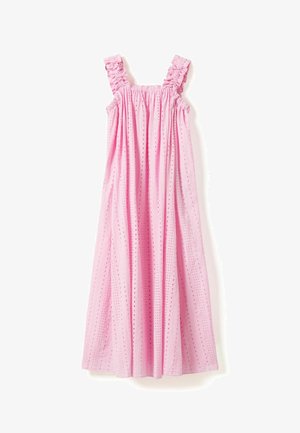 Vestido rosa sin mangas con tirantes con volantes y detalles de tela con ojales, silueta fluida en línea A, adecuado para uso casual o de verano.