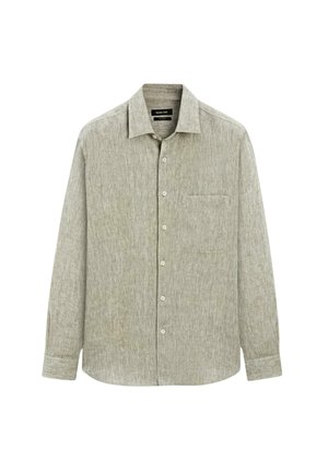 Light green long-sleeve button-up shirt made of textured fabric. Features a chest pocket and a classic collar with button closure.