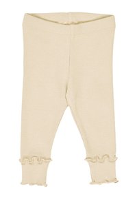 Ribbed, cream-colored leggings with a fitted design, featuring ruffled hems at the ankle and an elastic waistband for comfort.