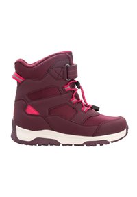 Maroon high-top boot featuring a fabric and synthetic mix, pink accents, rubber sole, lace closure, and padded collar for comfort.