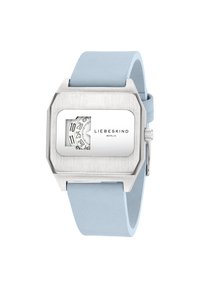 Quadratische Uhr mit einem Gehäuse aus silbernem Edelstahl, weißem Zifferblatt mit schwarzen Markierungen und einem hellblauen Silikonarmband.