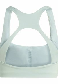 Lichtgroene sportbeha met racerback ontwerp en brede banden, achteraanzicht met centrale verticale stiksels.