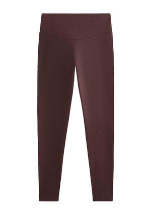 Leggings bordeaux dintr-un material elastic, cu talie înaltă, având o textură netedă și un design care se potrivește perfect corpului, fără modele sau accente.